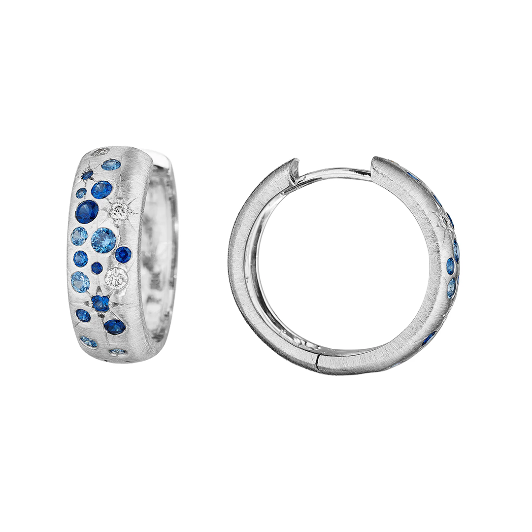 Penny Preville 18K White Gold Galaxy Diamond and Blue Sapphire Huggie Earrings