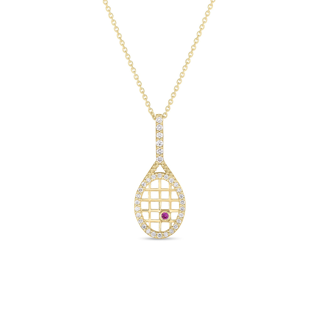18K Yellow Gold Tiny Treasures Diamong Tennis Racket Necklace