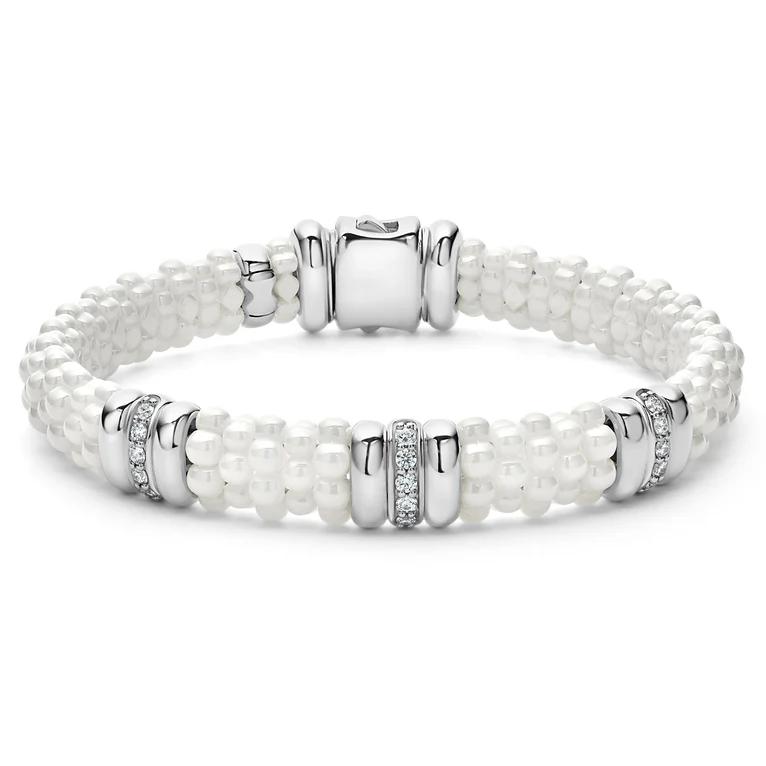 LAGOS Sterling Silver and White Ceramic Caviar Three Station Diamond Bracelet