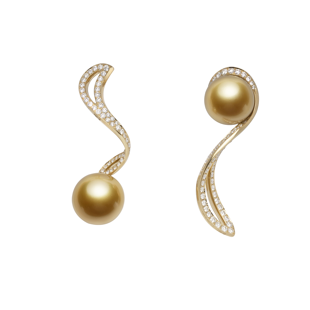 Jewelmer 18K Yellow Gold Golden South Sea Pearl and Diamond Earrings