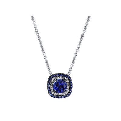 18K White Gold and Black Rhodium, Sapphire and Diamond Double Halo Pendant Necklace