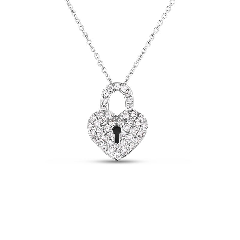 Roberto Coin 18K White Gold Tiny Treasures Diamond Heart Lock Pendant Necklace