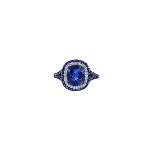 18K White Gold Rhodium, Sapphire, and Diamond Double Halo Ring