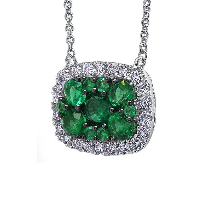 18K White Gold Emerald and Diamond Rectangular Pendant
