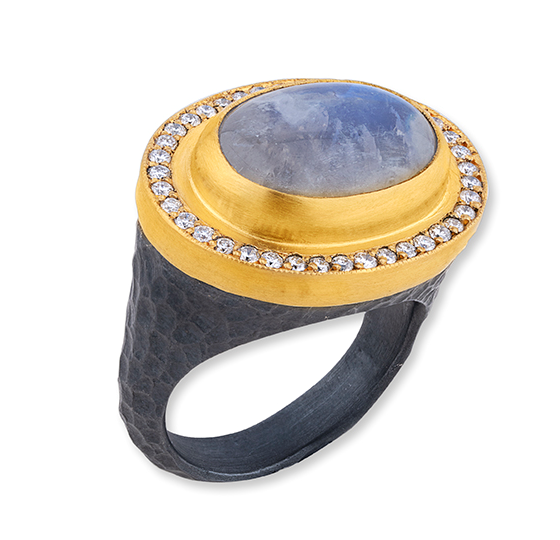 Lika Behar Oxidized Sterling Silver and 24K Yellow Gold Diamond and Moonstone Ring