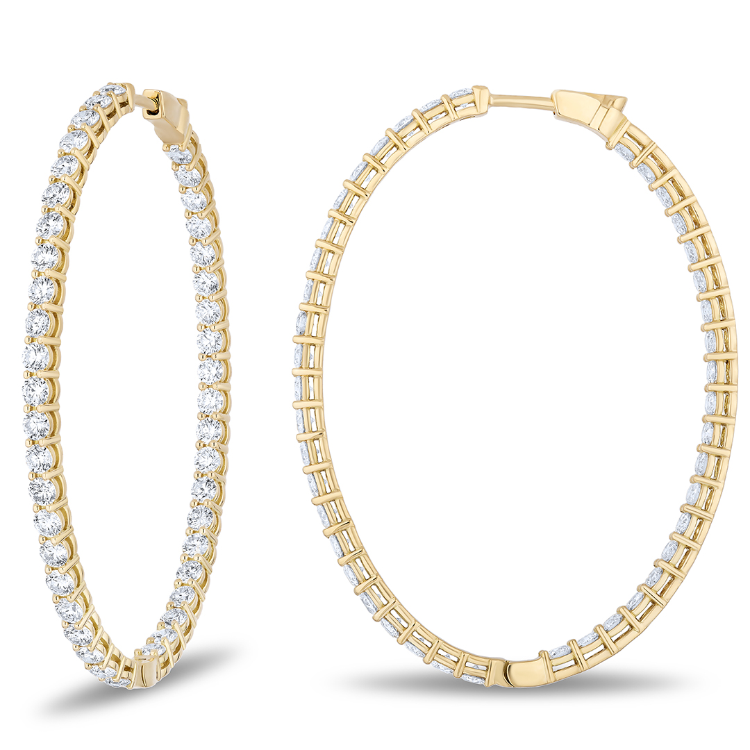 18K Yellow Gold Oval Diamond Inside/Out Hoop Earrings