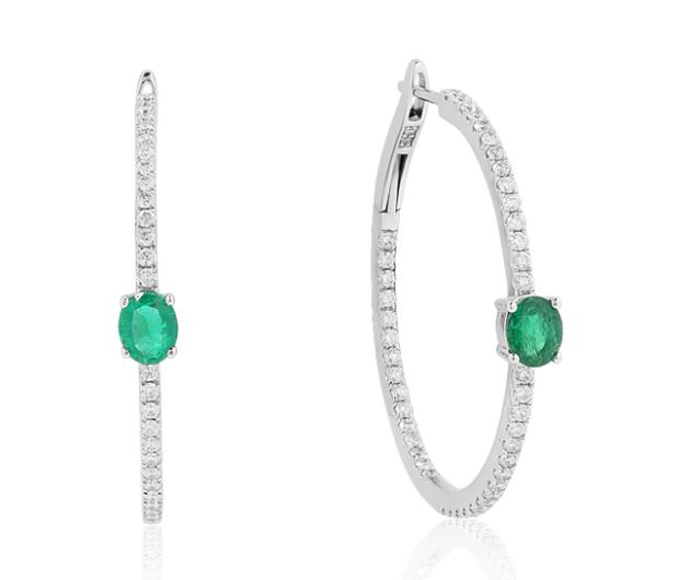 18K White Gold Emerald and Diamond Hoop Earrings - 111