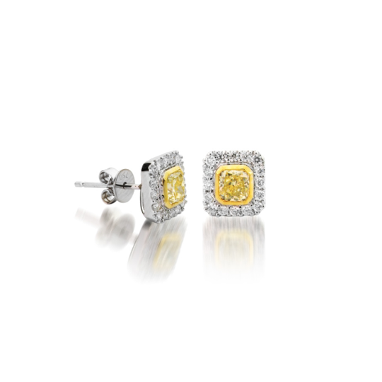 18K White and Yellow Gold Fancy Yellow Diamond Earrings with Halo - 6198