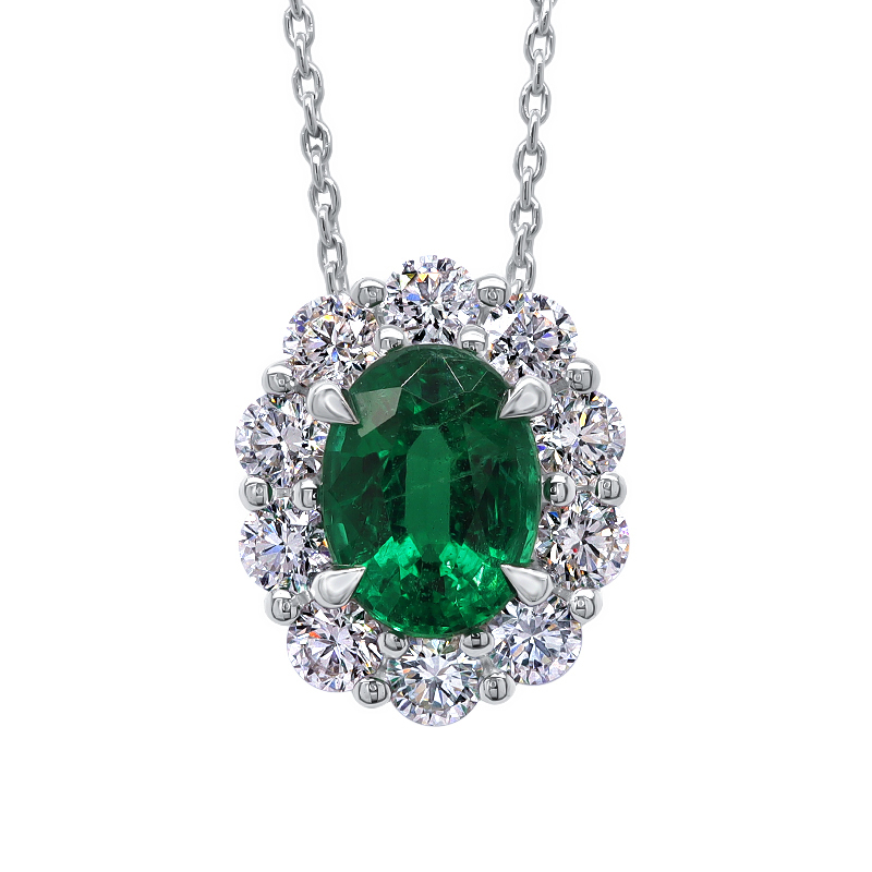 18K White Gold Emerald and Diamond Oval Halo Pendant Neklace