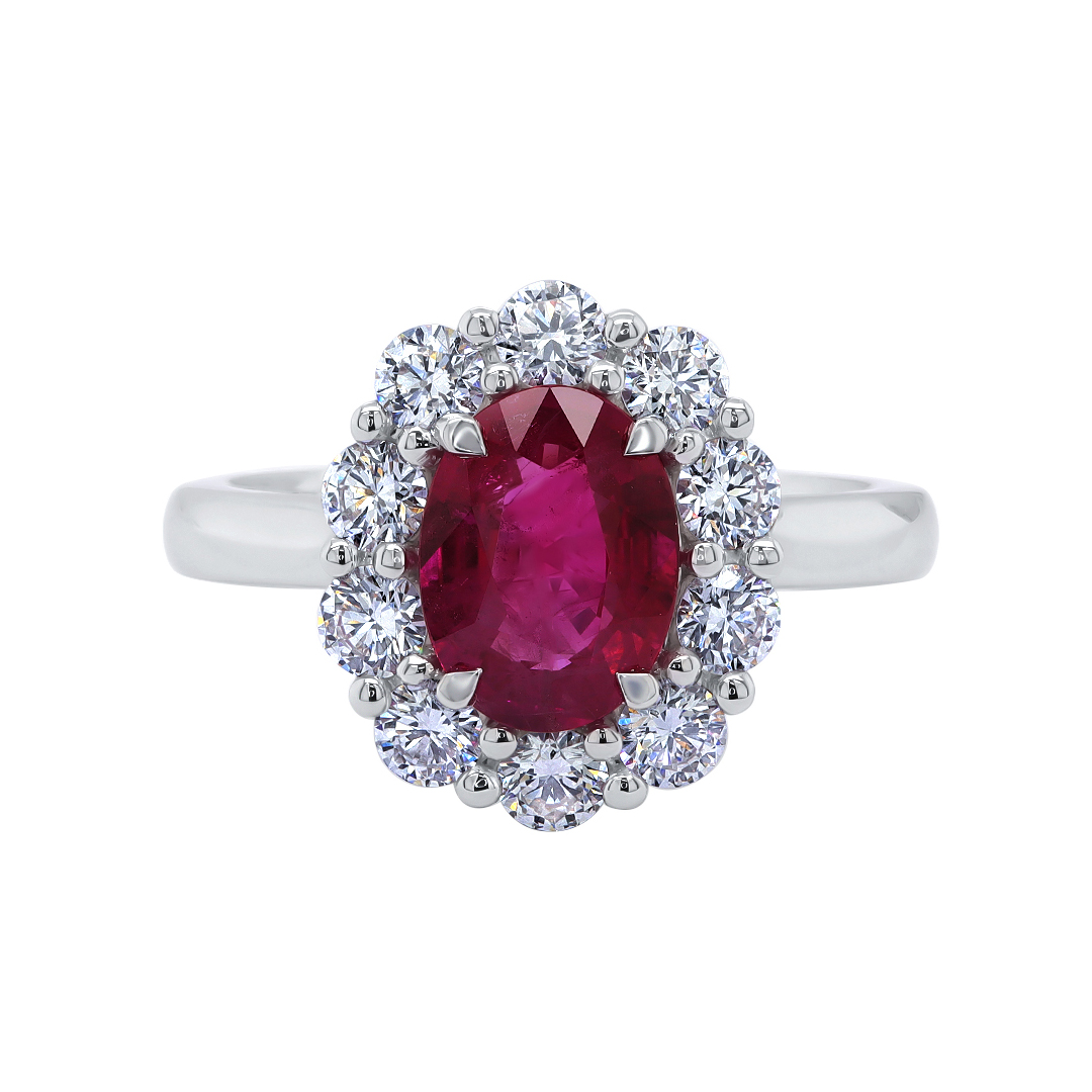 18K White Gold Ruby and Diamond Oval Halo Ring