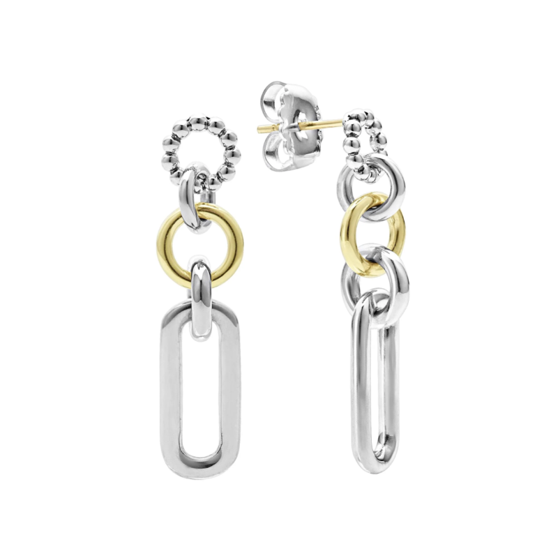 Sterling Silver and 18K Yellow Gold Signature Caviar Two Tone Four Link Drop Earrings