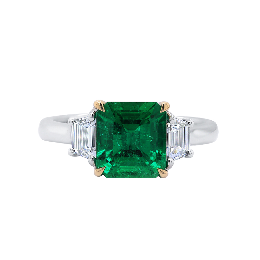Platinum and 18K Yellow Gold Emerald and Diamond 3 Stone Ring - RT13491EYG+PT#6.5