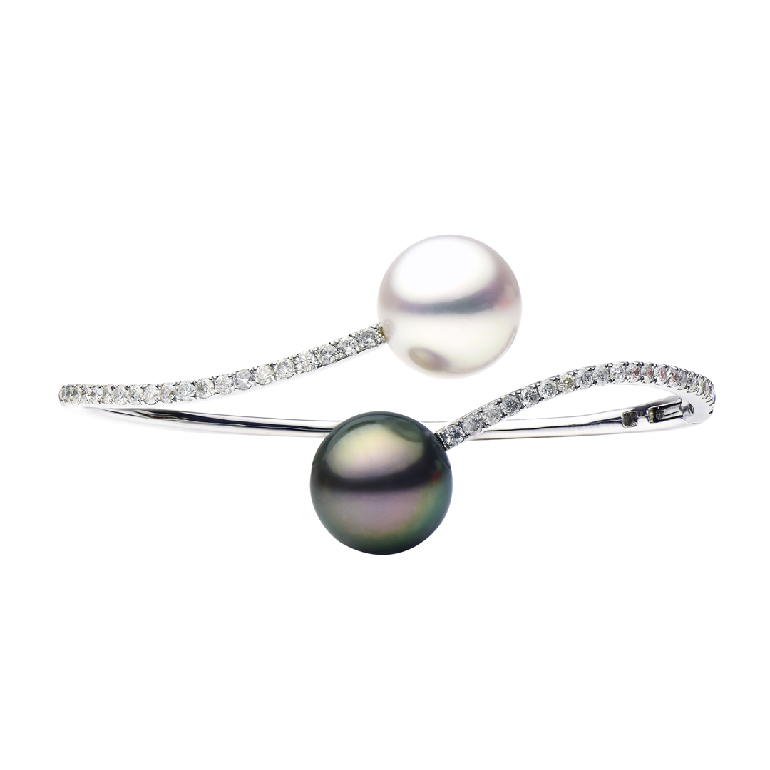 18K White Gold Pearl and Diamond Bypass Cuff Bracelet