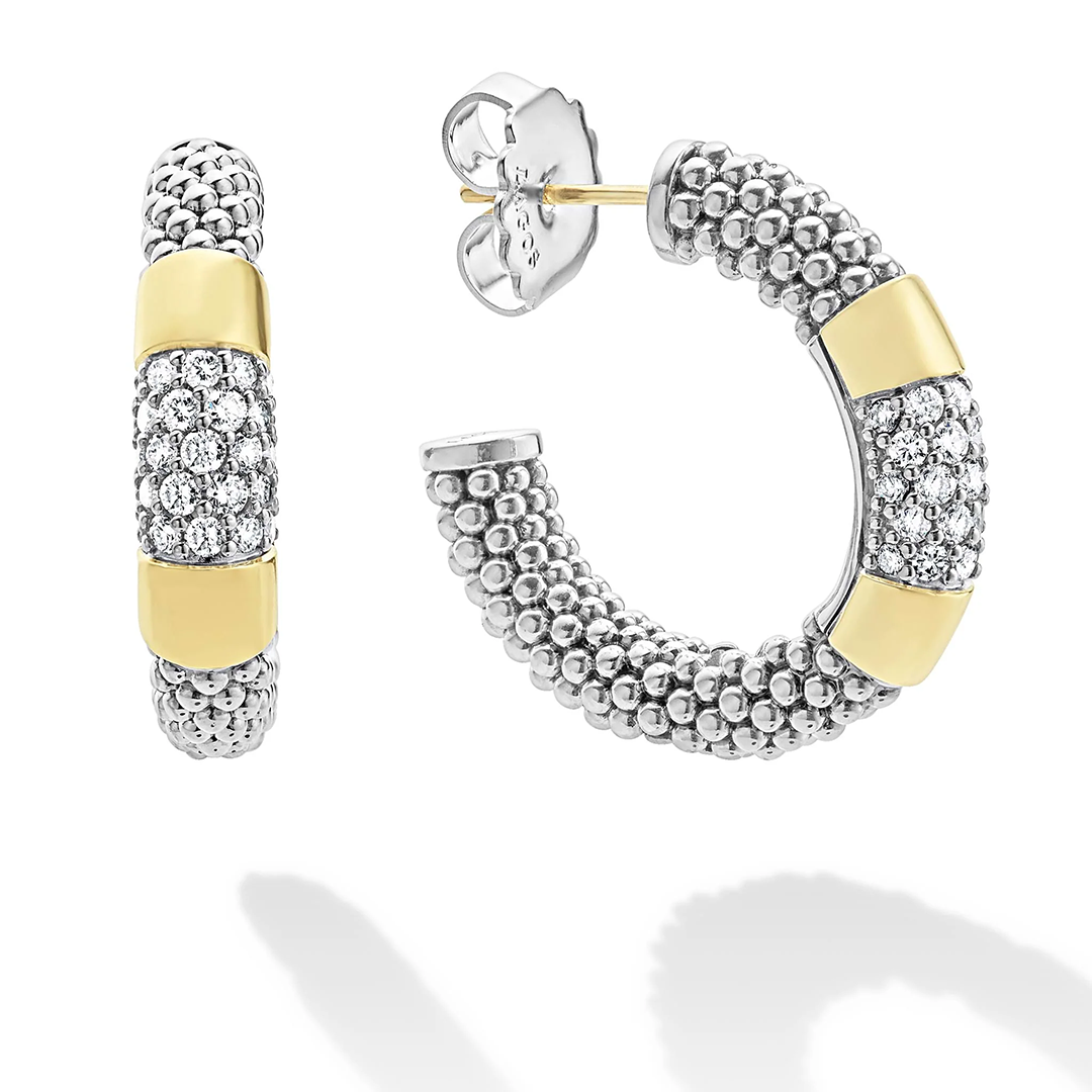 LAGOS Sterling Silver and 18K Yellow Gold High Bar Diamond Hoop Earrings