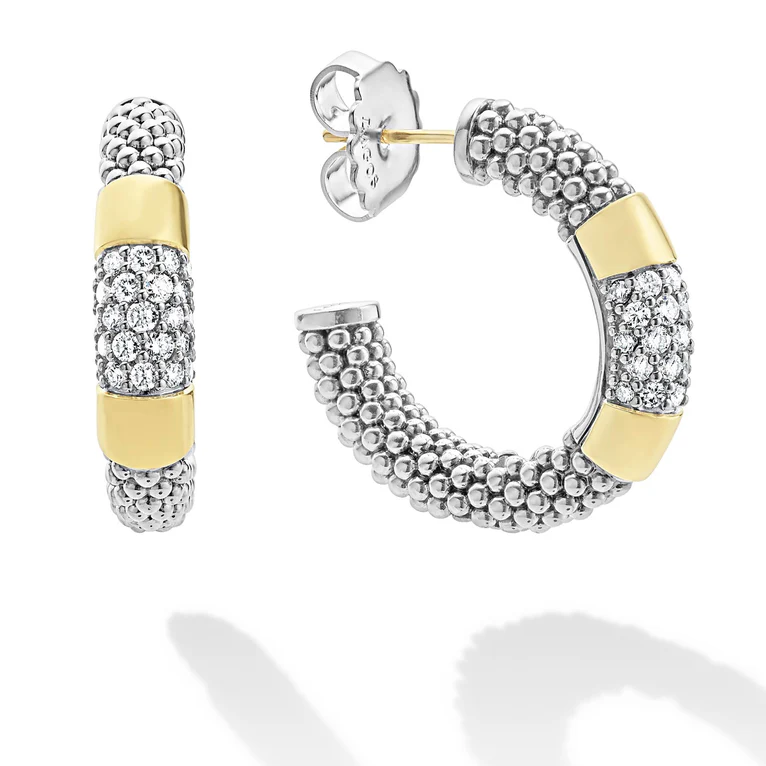 LAGOS Sterling Silver and 18K Yellow Gold High Bar Diamond Hoop Earrings - 01-81955-DD