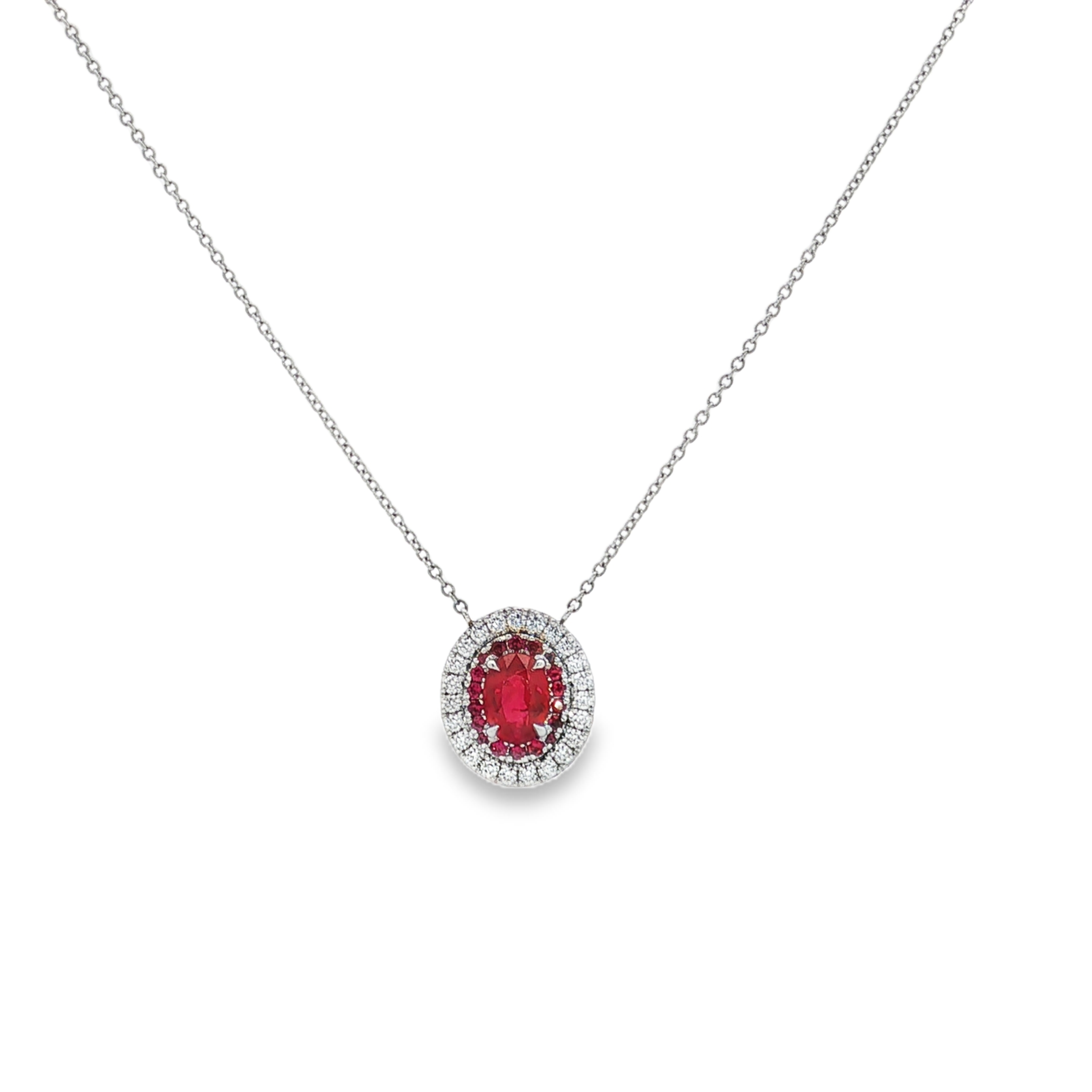 Platinum Diamond and Ruby Double Halo Necklace