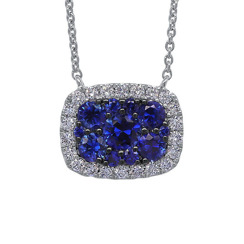 18K White Gold Sapphire and Diamond Rectangular Pendant Necklace