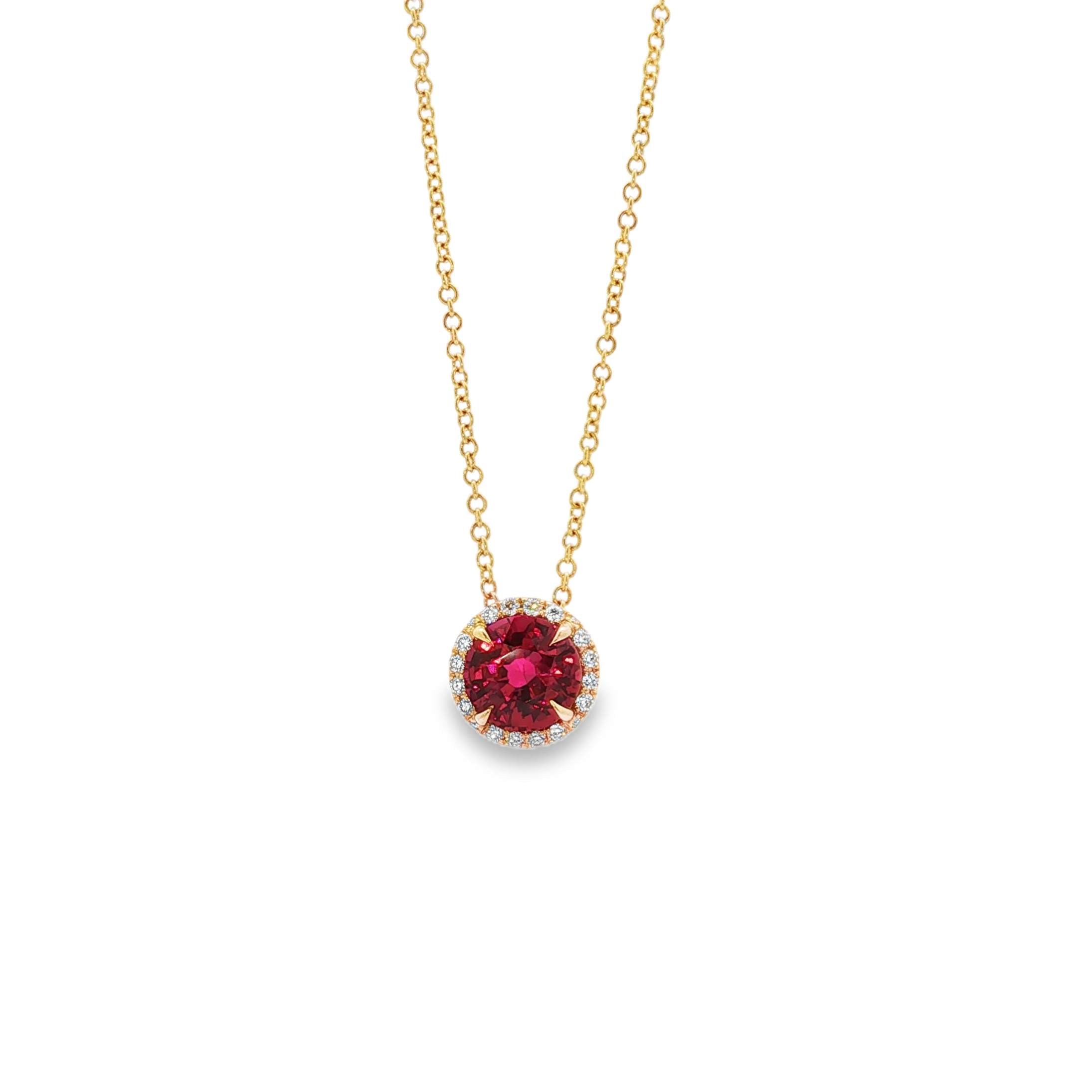 18K Yellow Gold Diamond and Ruby Halo Pendant Necklace