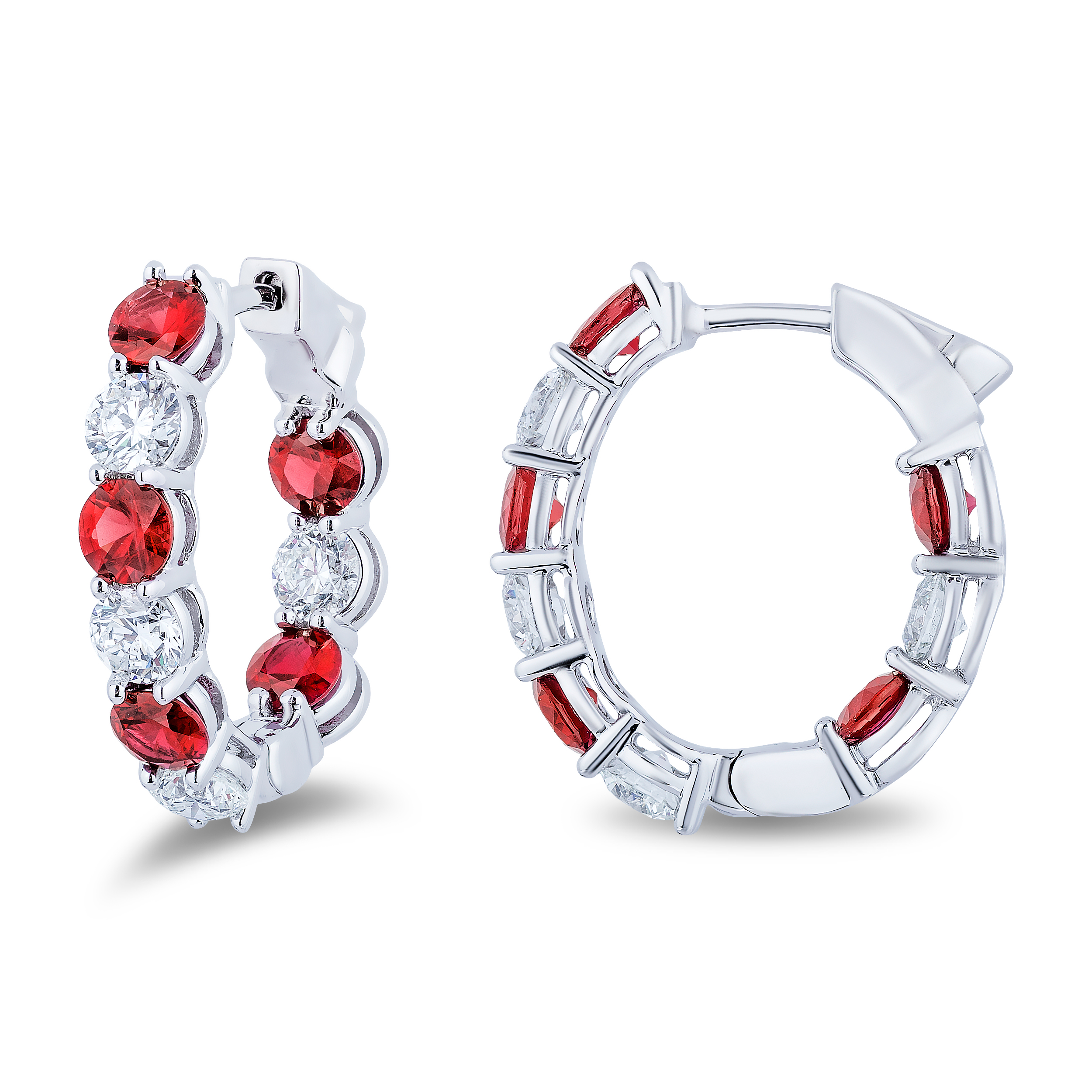 18K White Gold Ruby and Diamond Inside Outside Hoop Earrings
