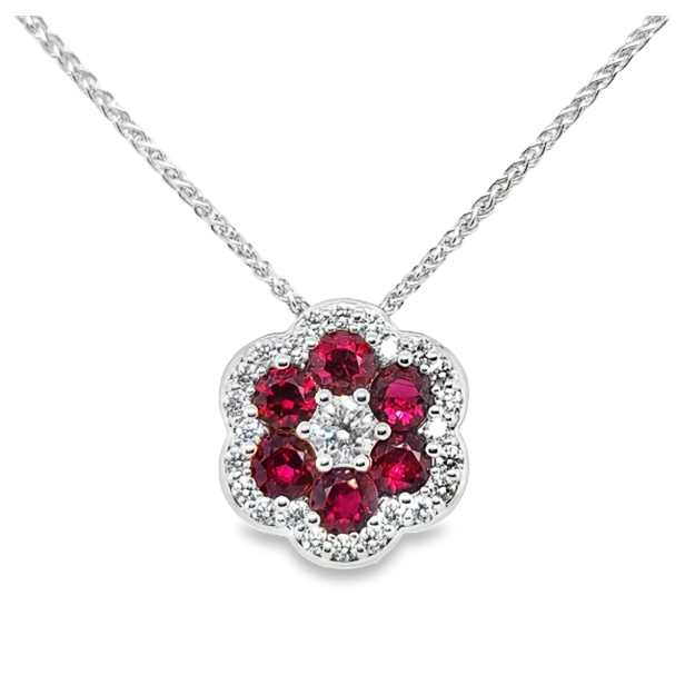 18K White Gold Diamond and Ruby Pendant Necklace