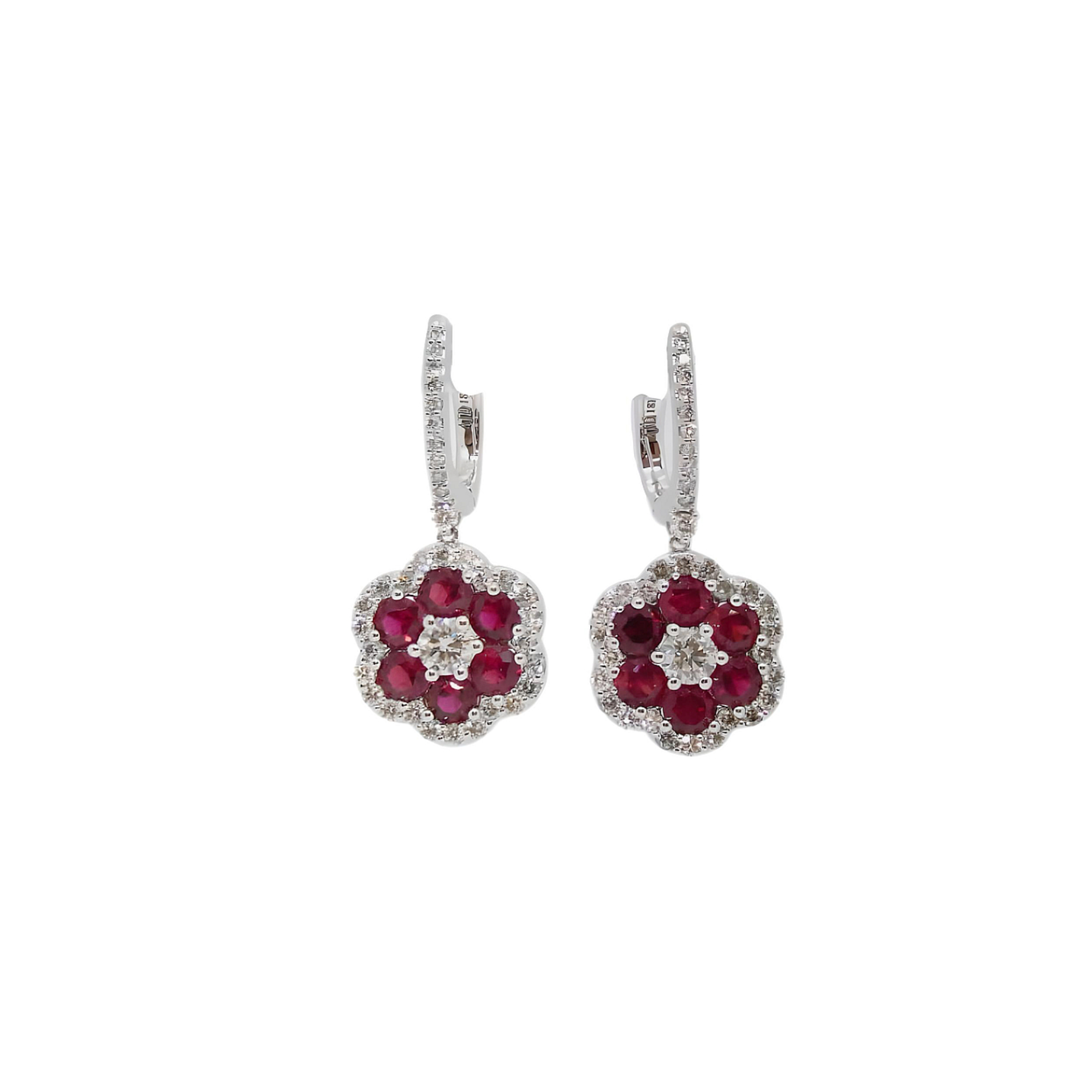 18K White Gold Diamond and Ruby Dangle Earrings