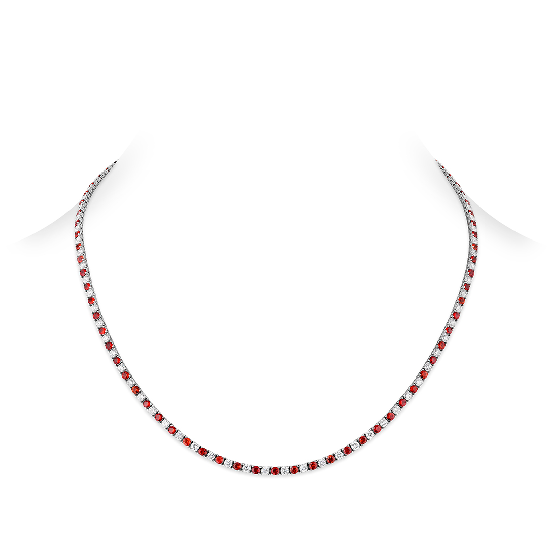 18K White Gold Diamond and Ruby Riviera Necklace