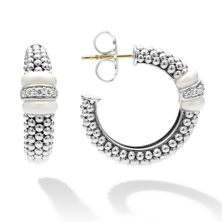 LAGOS White Ceramic Caviar Diamond Hoop Earrings