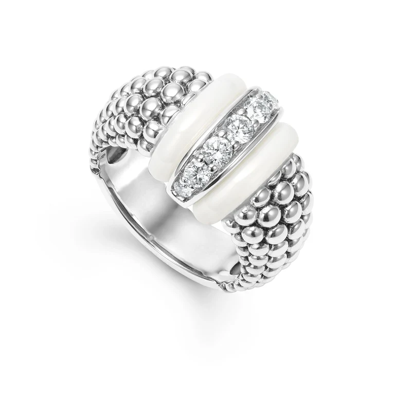 LAGOS Sterling Silver and White Ceramic Caviar Diamond Ring - 124