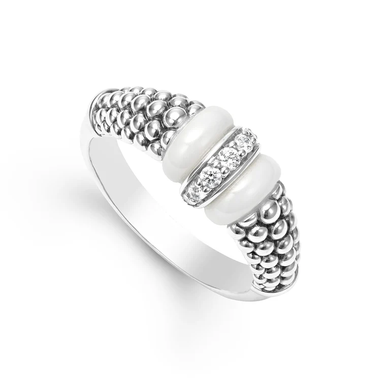 LAGOS Sterling Silver and White Ceramic Caviar Diamond Ring