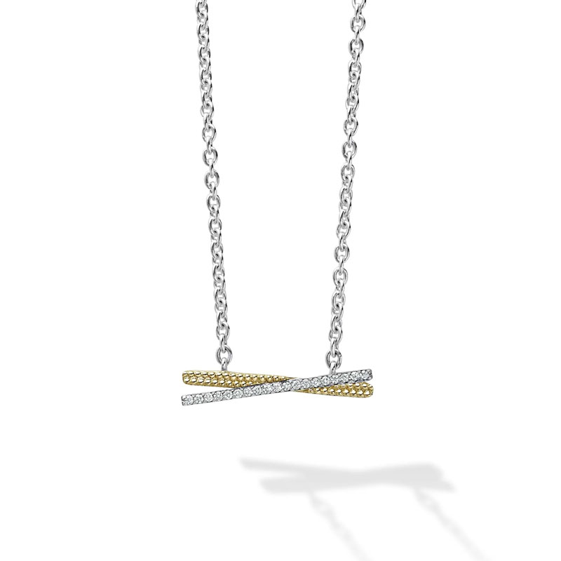 LAGOS Sterling Silver and 18K Yellow Gold Caviar Lux Diamond "X" Pendant Necklace