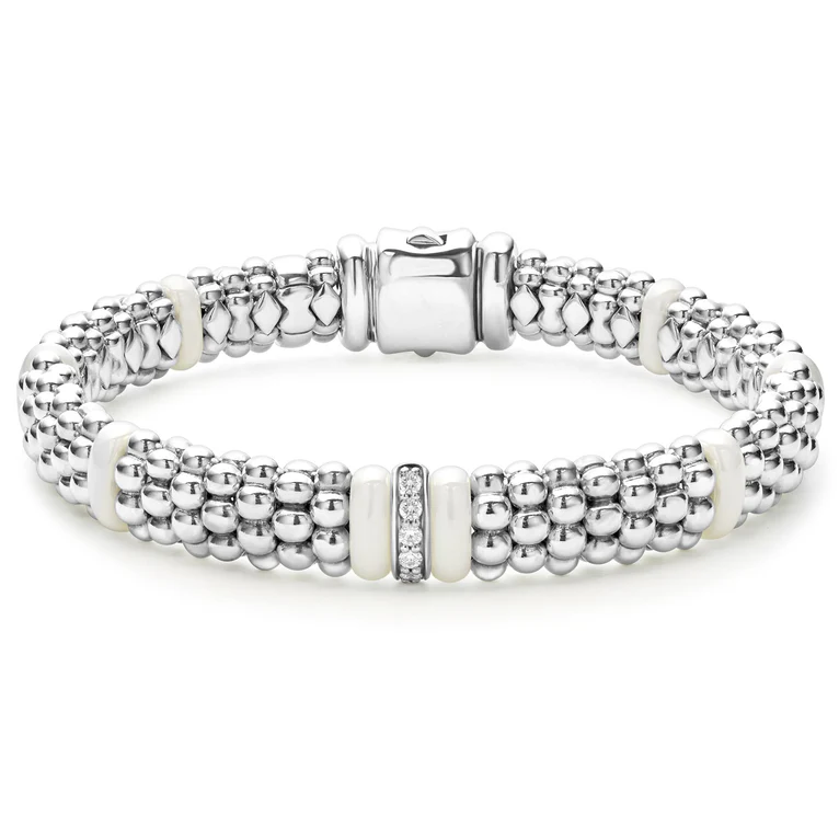 LAGOS Sterling Silver and White Ceramic White Caviar Diamond Station Bracelet