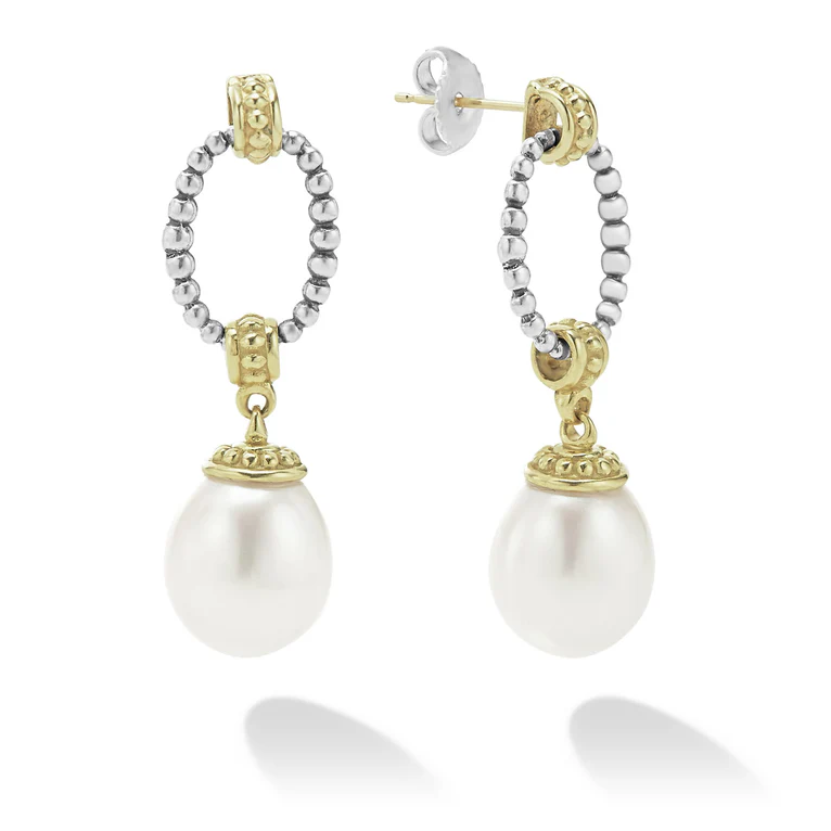 LAGOS Sterling Silver and 18K Yellow Gold Luna Freshwater Pearl Drop Earrings