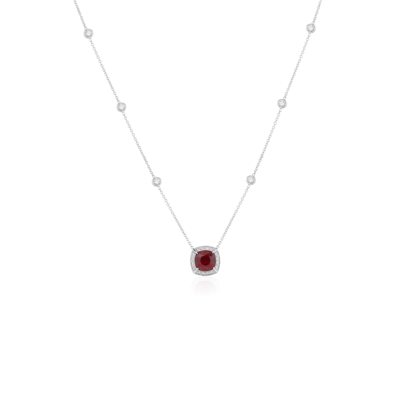 18K White Gold Ruby and Diamond Pendant Necklace
