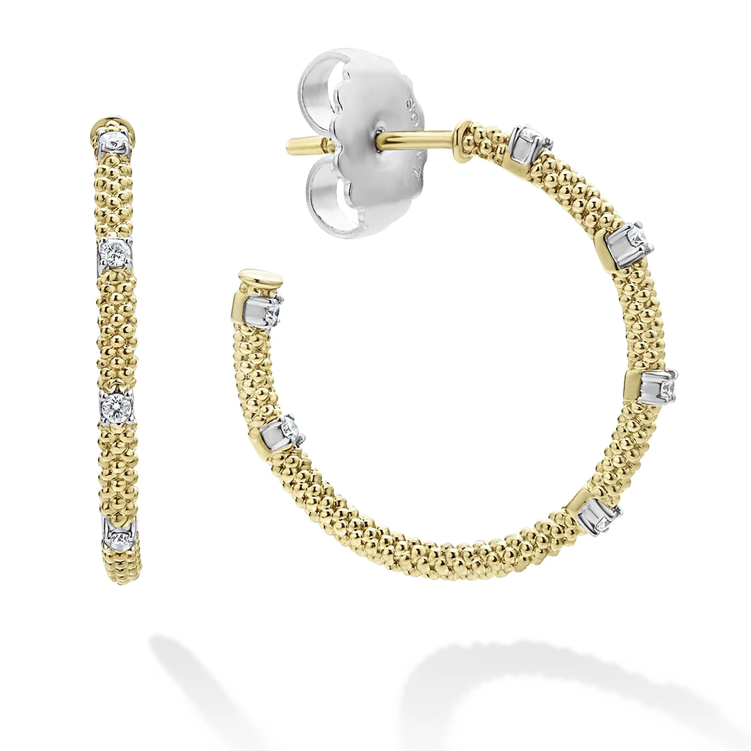 LAGOS 18K Yellow and White Gold Signature Caviar Diamond Hoop Earrings