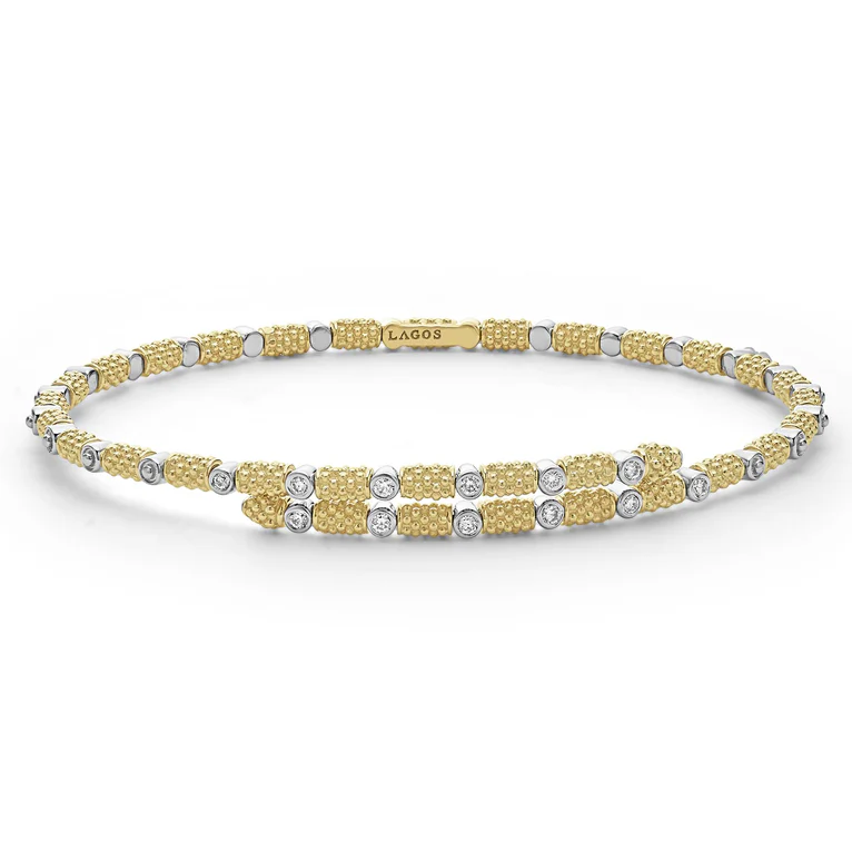 LAGOS 18K Yellow and White Gold Signature Caviar Diamond Superfine Cuff Bracelet