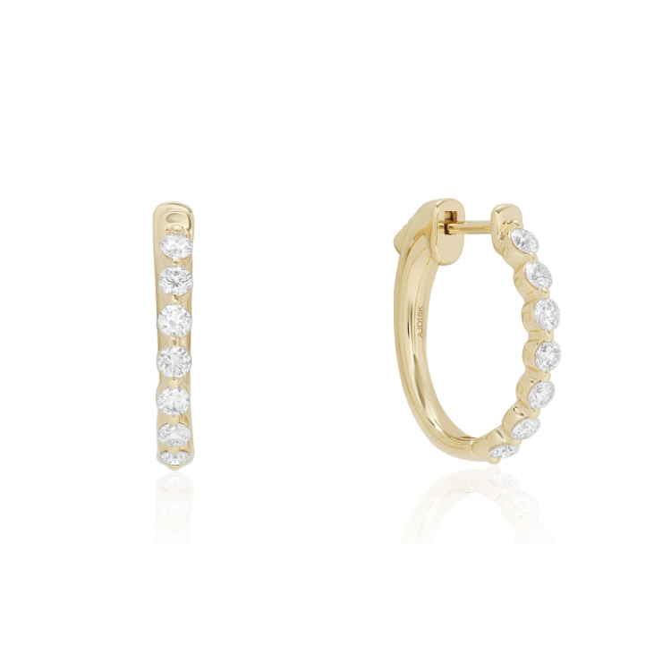 18K Yellow Gold and Diamond Oval Huggie Hoop Earrings