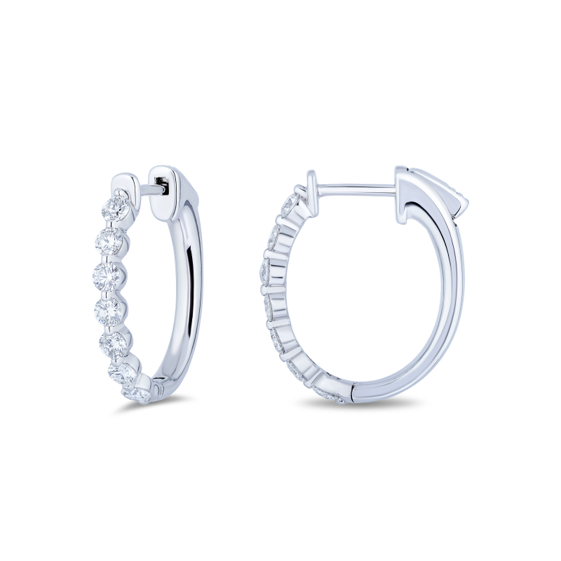 18K White Gold and Diamond Oval Huggie Hoop Earrings