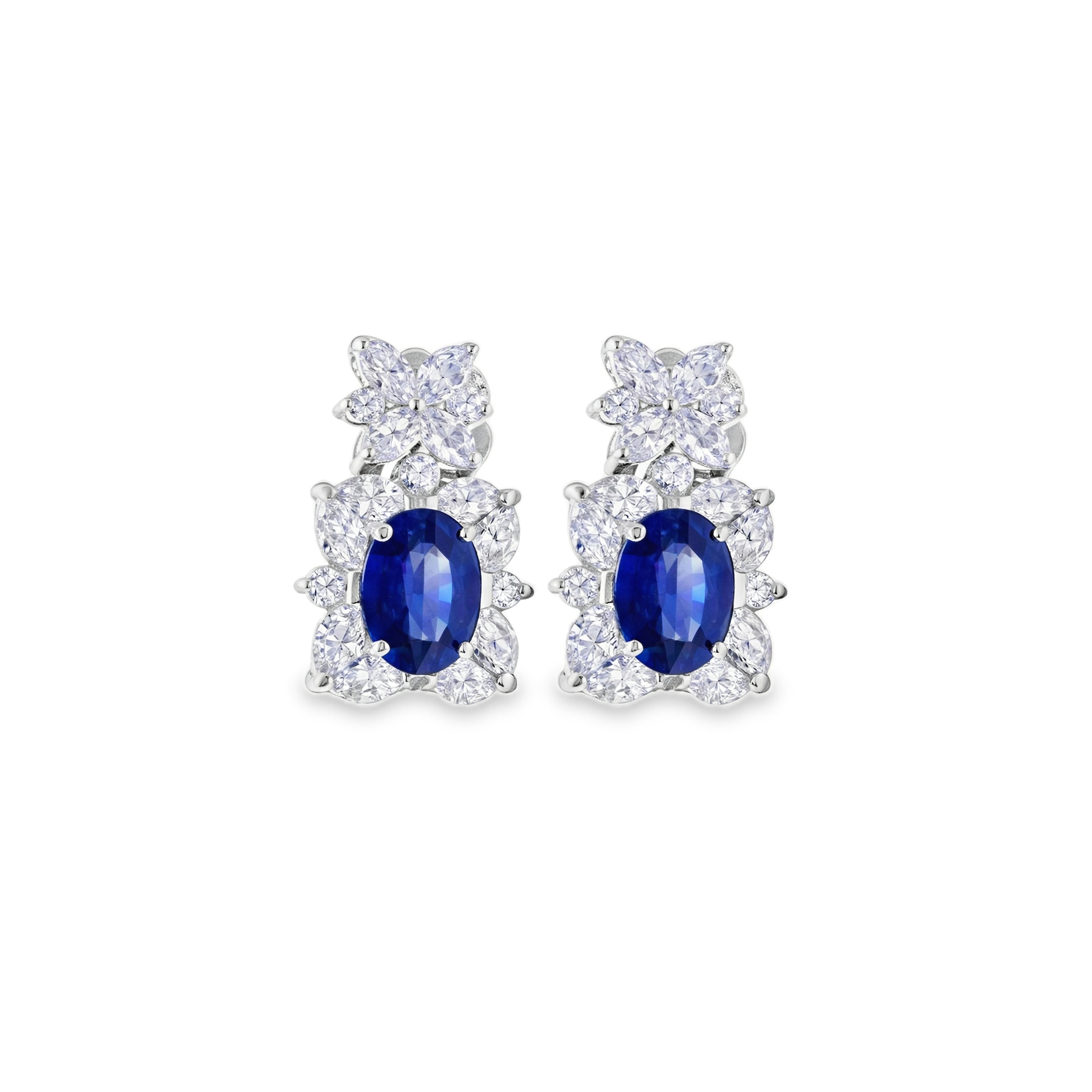 18K White Gold Diamond and Blue Sapphire Halo Drop Earrings