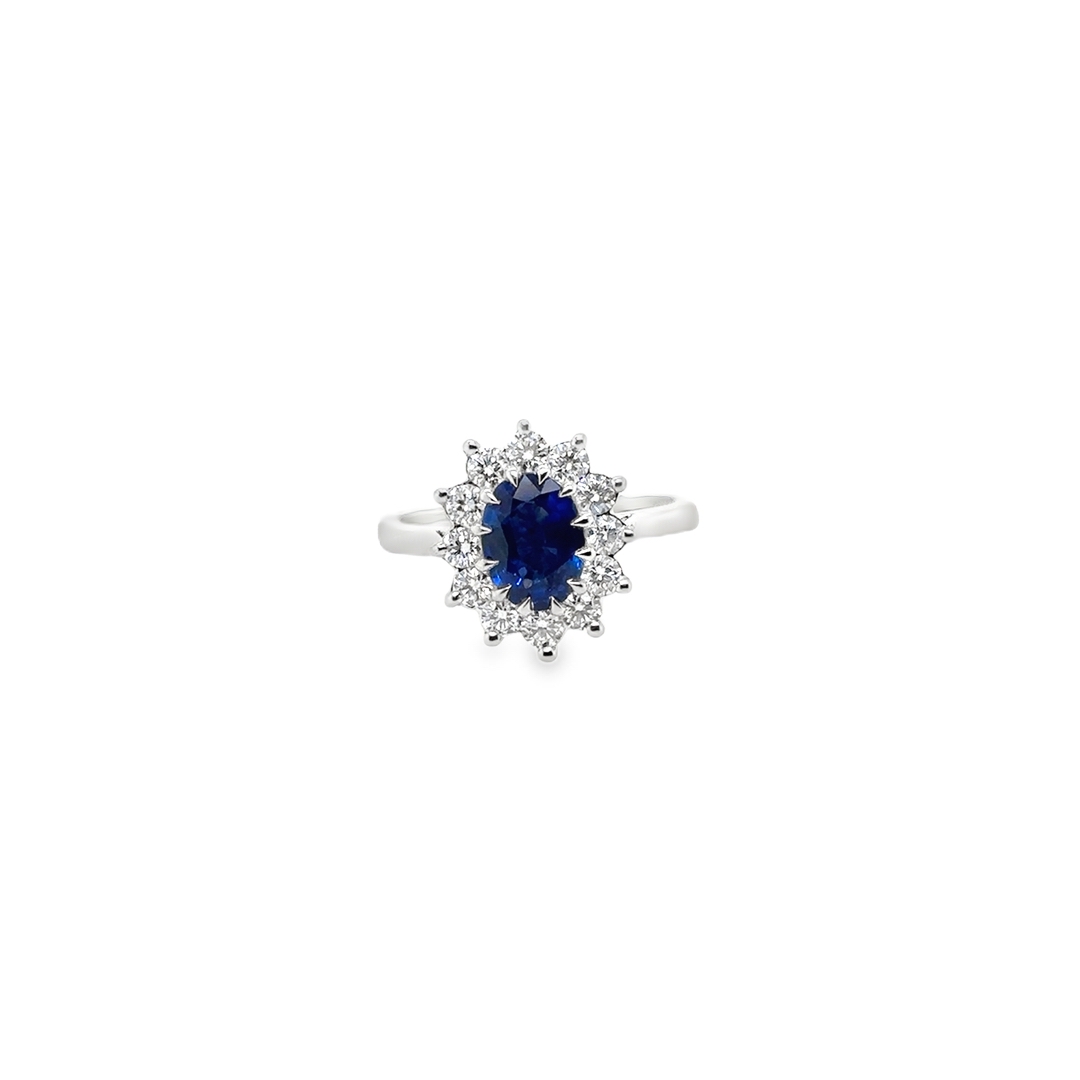18K White Gold Diamond and Blue Sapphire Halo Ring