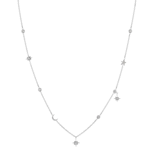 Penny Preville 18K White Gold Starburst Diamond Star & Moon Necklace