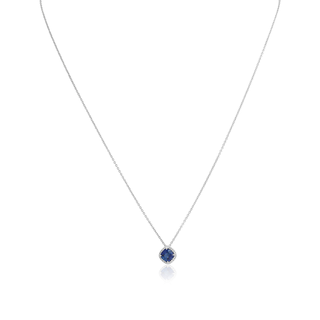18K White Gold Sapphire and Diamond Halo Pendant Necklace