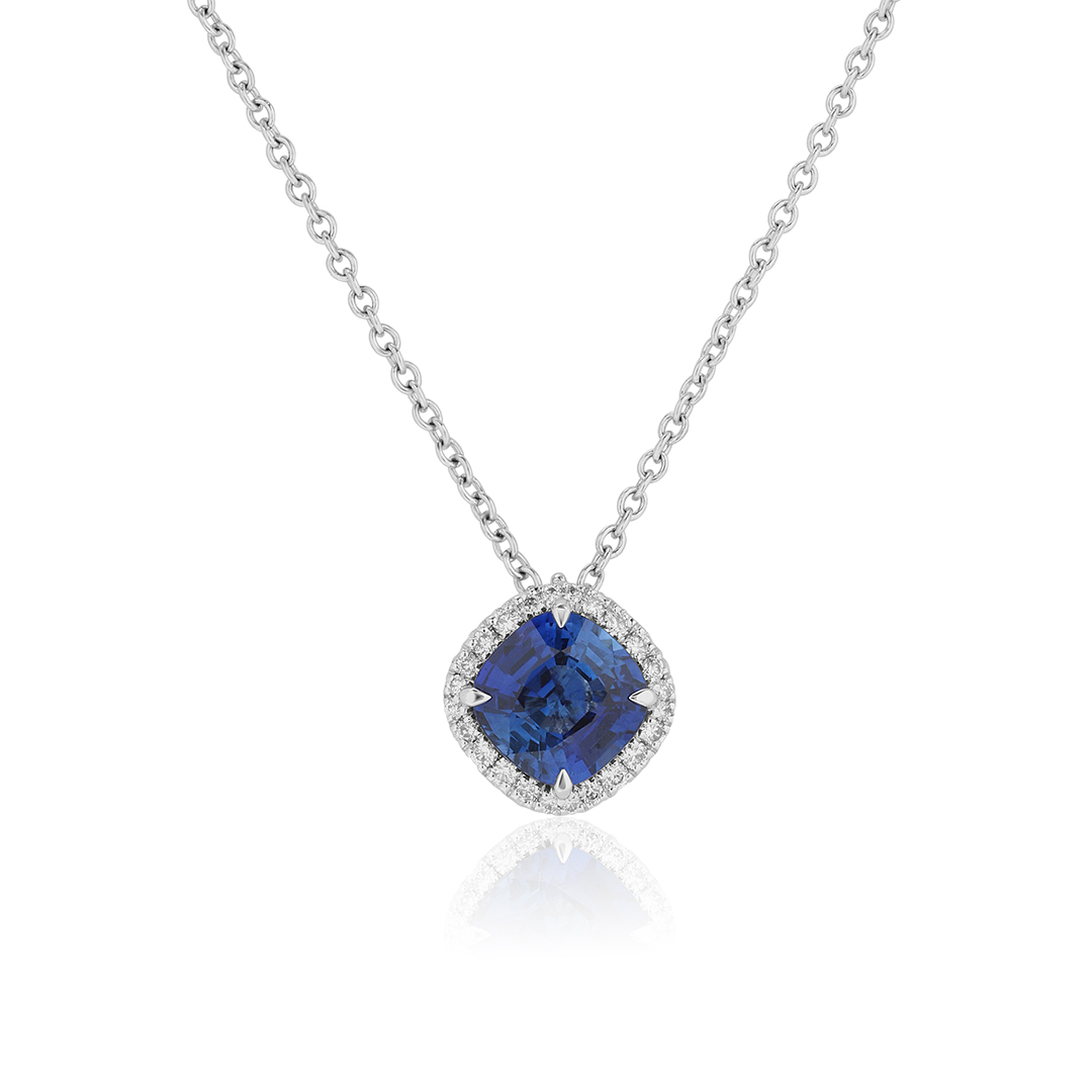 18K White Gold Sapphire and Diamond Halo Pendant Necklace