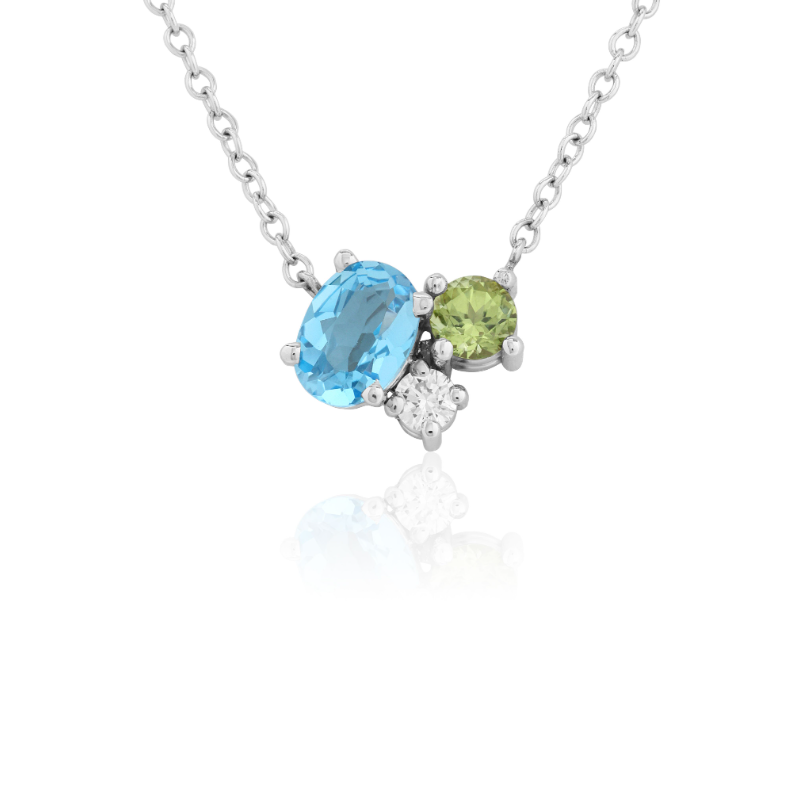 14K White Gold Topaz Peridot and Diamond Cluster Necklace