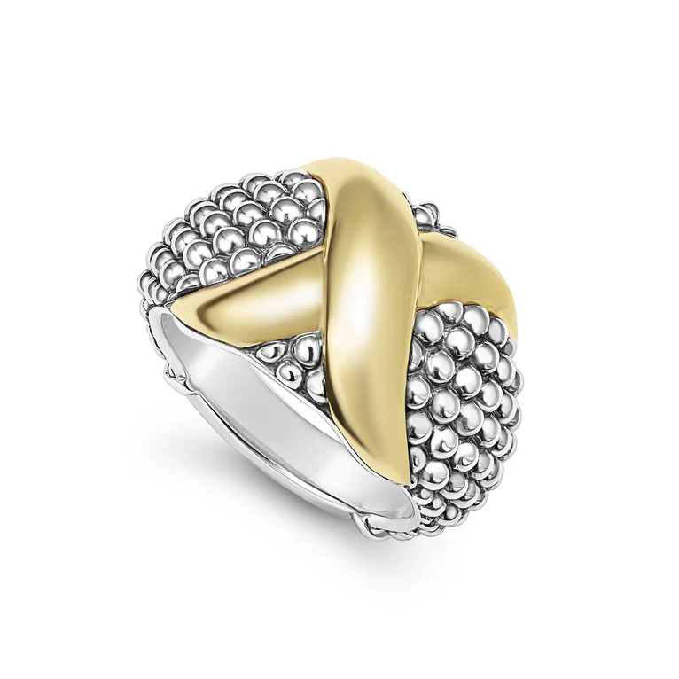 LAGOS Sterling Silver and 18K Yellow Gold Embrace "X" Caviar Dome Ring - 150