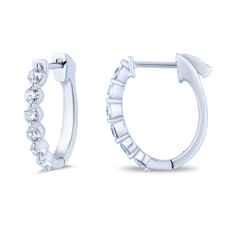 18K White Gold and Diamond Oval Huggie Hoop Earrings