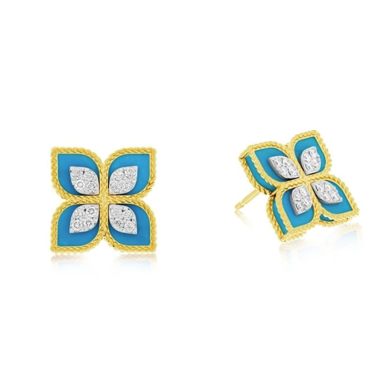 Roberto Coin 18K Yellow Gold Turquoise and Diamond Princess Flower Earrings