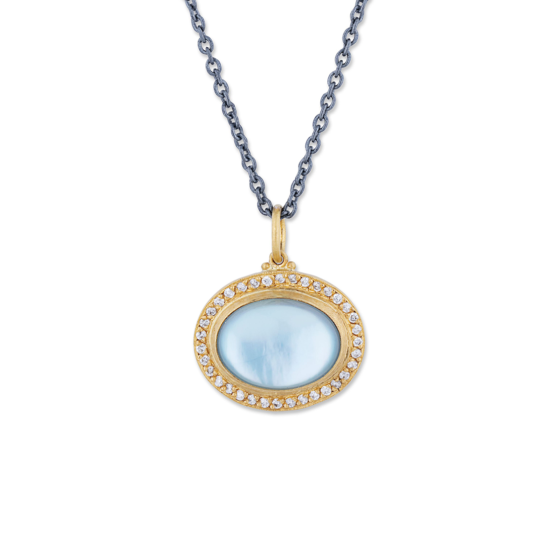 Lika Behar 24K Yellow Gold and Oxidized Sterling Silver Pompei Diamond, Blue Topaz, and Mother of Pearl Doublet Necklace