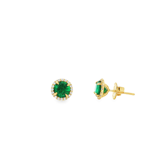18K Yellow Gold Diamond and Emerald Stud Earrings - 10