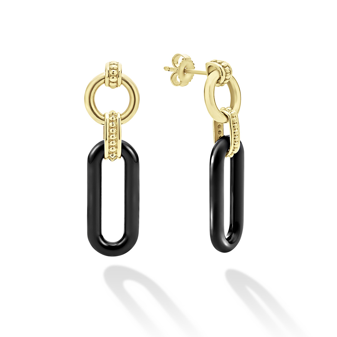 LAGOS 18K Yellow Gold and Black Ceramic Signature Caviar Link Drop Earrings