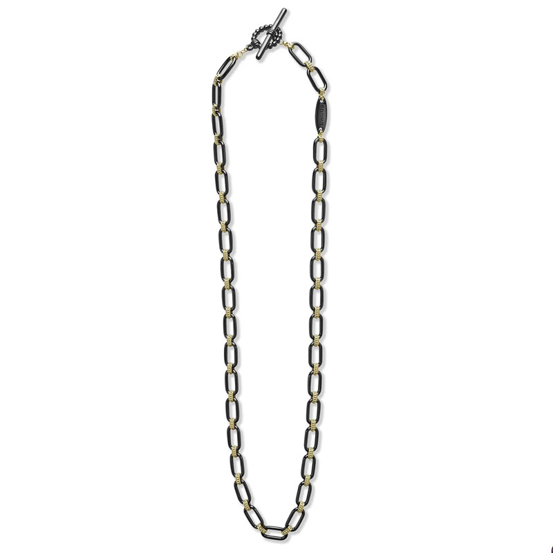 LAGOS 18K Yellow Gold and Black Ceramic Signature Caviar Link Necklace
